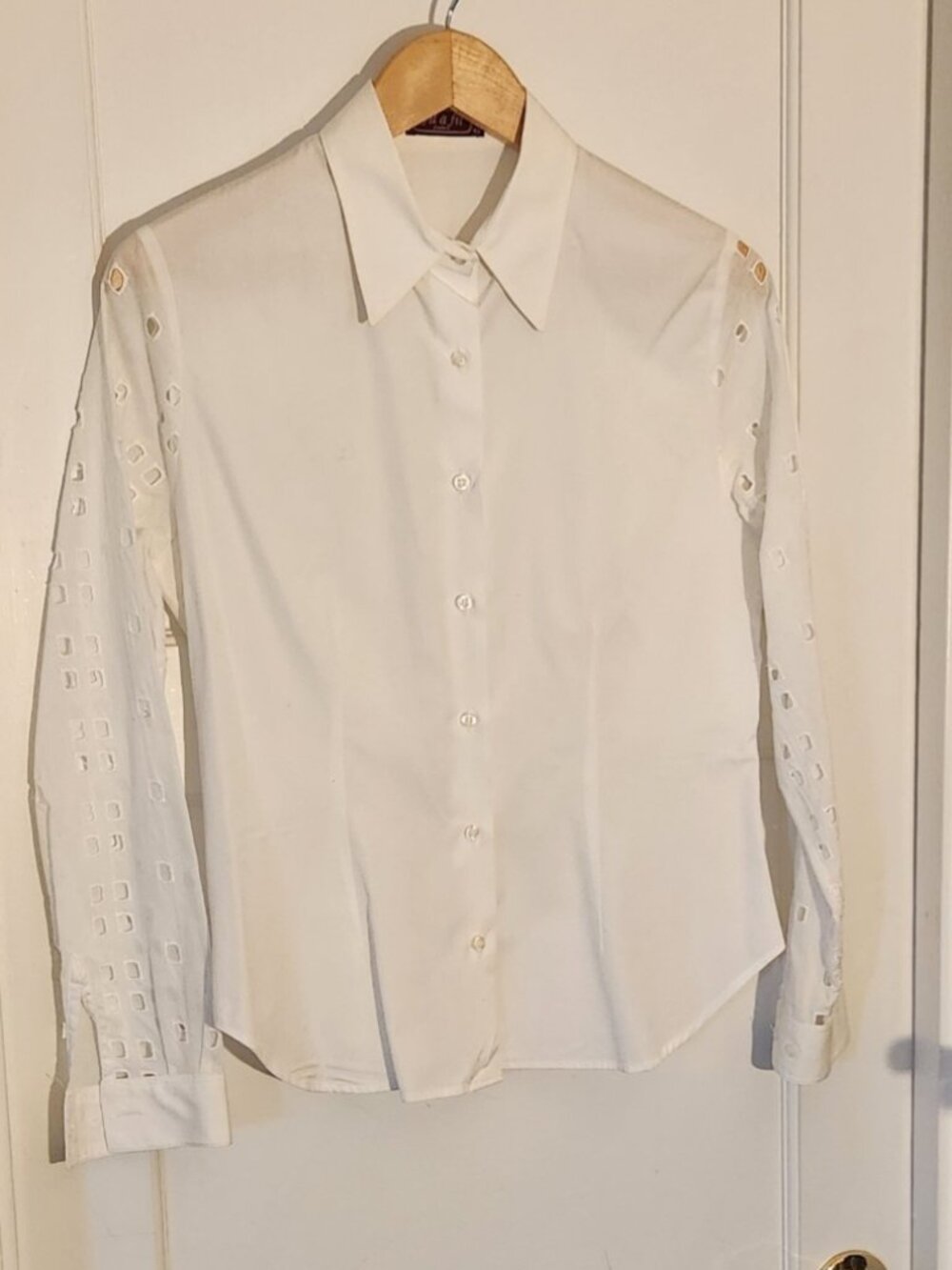 VTG Fil à Fil Paris France White Cotton Button Shirt Cutout Sleeves, US 10-12